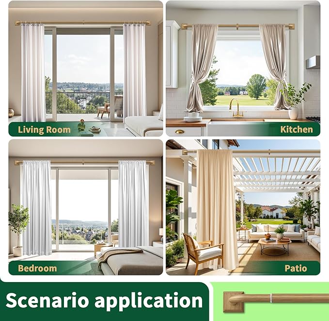 Boho Wood Grain Curtain Rods for Windows 66-184 Inch(5.5-15.3ft) Heavy Duty Wrap Around Blackout Curtain Rods, Adjustable Room Darkening Drapery Rod for Bedroom, Living Room & Outdoor, Stainless Steel