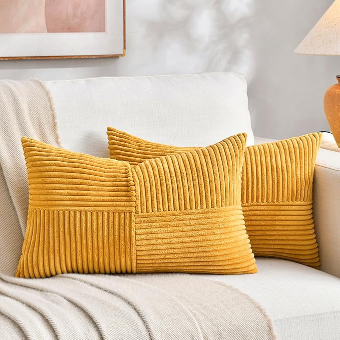 Fancy Homi 2 Packs Gold Yellow Lumbar Decorative Throw Pillow Covers 20x28 Inch for Couch Bed Sofa, Rustic Farmhouse Boho Spring Home Decor, Soft Striped Corduroy Rectangle Accent Cushion Case 50x70cm
