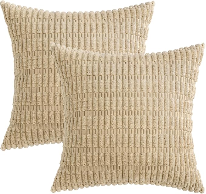 MIULEE Pack of 2 Corduroy Decorative Throw Pillow Covers 16x16 Inch Soft Boho Striped Pillow Covers Modern Farmhouse Home Decor for Sofa Living Room Couch Bed Tan