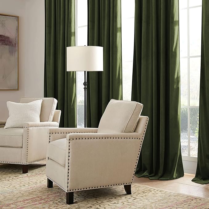 RYB HOME Olive Green Velvet Curtains 72 inches Length with Hook Tape, Thermal Insulated Privacy Protect Decorative Drapes for Window, W 42 x L 72 inches, 2 Panels Set