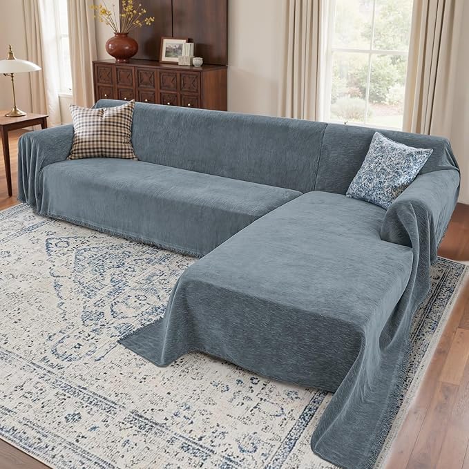 Sectional Couch Covers, 2 Pieces Washable L Shaped Couch Covers Sofa Blanket for Dogs Pet Friendly Sectional Sofa Slipcovers Furniture Covers,71"x118"+91"x134",(XXX-Large,Dusty Blue)