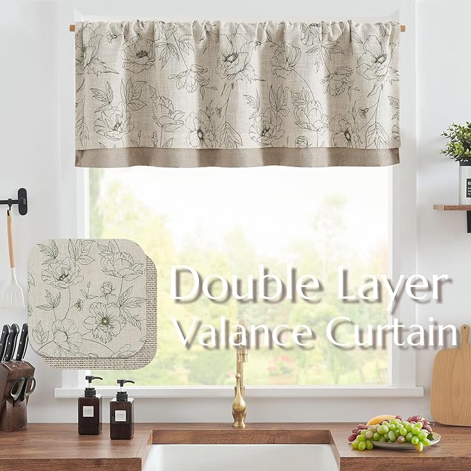 jinchan Linen Floral Valance Curtain for Kitchen Green Flower on Beige for Windows Room Darkening Farmhouse Valance Double Layer Window Treatment Decoration 1 Panel Rod Pocket 16 Inch