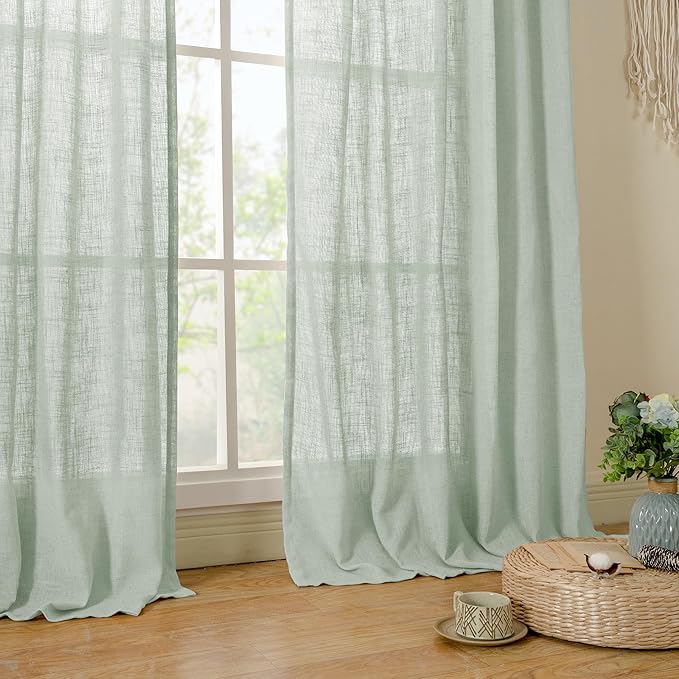 LAMIT Short Kitchen Linen Curtains 24 Inch Length for Small Windows, Semi Sheer Light Filtering Panels Back Tab and Rod Pocket Cafe Drapes for Half Window, Light Sage, 2 Panels, 34 x 24 Inch