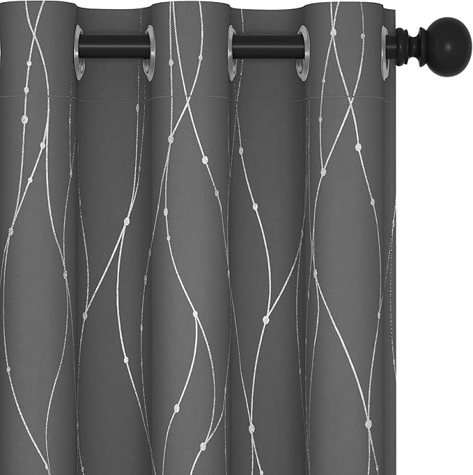 Deconovo Living Room Curtains, Blackout Drapes, Thermal Insulated Soundproof Panels, Modern Silver Wave Dots Print, 42 x 95 Inch Long, Machine Washable Panel for Bedroom Nursery, Set of 2, Light Grey