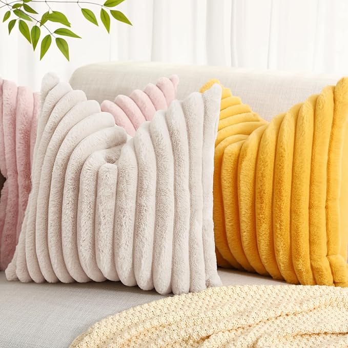 decorUhome Summer Cozy Faux Fur Throw Pillow Covers 24x24 Set of 2 Decorative Soft Plush Striped Modern Farmhouse Boho Couch Euro Sham Pillow Cases with Velvet Back for Sofa Bed Living Room, Beige