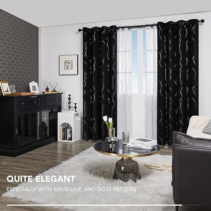 Deconovo Blackout Curtains 84 Inches Long, Black Drapes for Living Room with Wave Dots Silver Print, Soundproof Thermal Insulated Privacy Window Curtain for Bedroom Nursery, Set of 2, Machine Washable