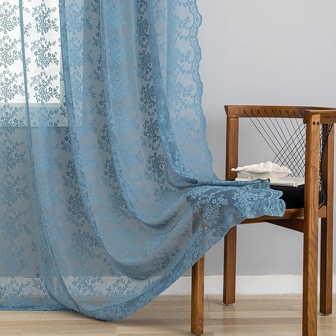 YJ YANJUN Vintage Lace Curtains 72 Inches Long 2 Panels Antique Boho Slate Blue Sheer Curtain for Playroom Living Room Bathroom Rod Pocket Semi Sheer Privacy Drapes W52 X L72 Dusty Grey Blue Denim