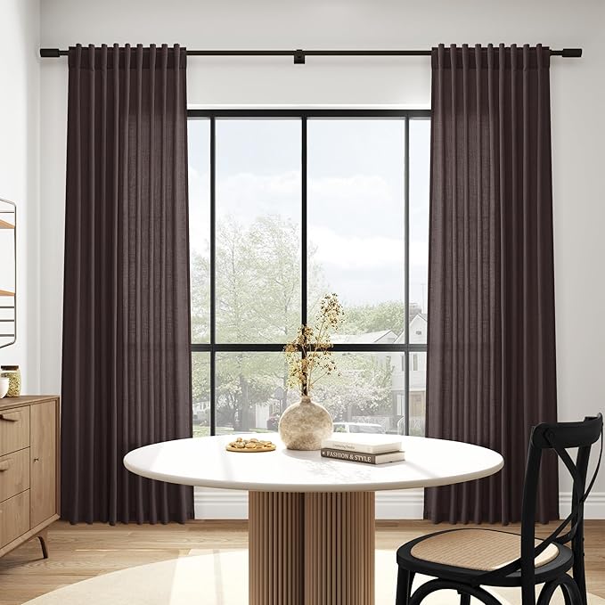Nanspring Cocoa Coffee Linen Blend Light Filtering Back Tab Curtains 108 Inches Long, Semi Sheer Privacy Drapes for Living Room & Bedroom, 52x108 inch, 2 Panels