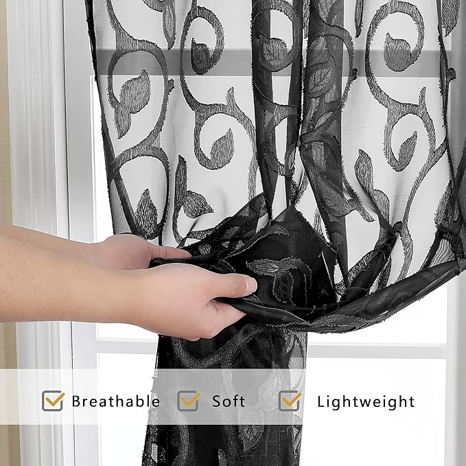 OWENIE Furman Sheer Black Curtains 90 inches Long for Bedroom Living Room 2 Panels Set, Light Filtering Soft Semi Sheer Jacquard Clip Farmhouse Curtains Rod Pocket Design, Each 52Wx90L inch
