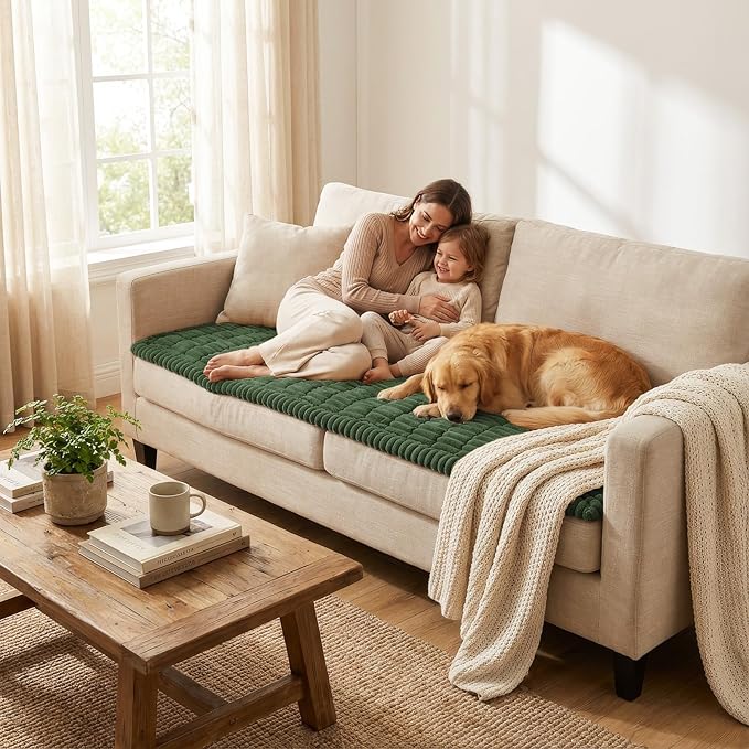 Smiry Couch Cover for Dogs Washable, Non Slip Fuzzy Pet Couch Covers for 3 Cushion Sofa Pet Friendly, Thick Soft Sofa Slipcovers Cushion Protector (Dark Green, 27.6" x 47")