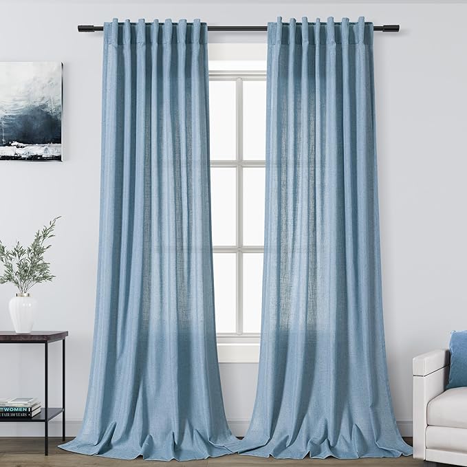 Nanspring Blue Curtains 132 Inches Long 2 Panels for Living Room Back Tab Rod Pocket Semi Sheer Linen Drapes Neutral Room Decor Blue Curtain Ceiling to Floor Length for Dining Room 52x132