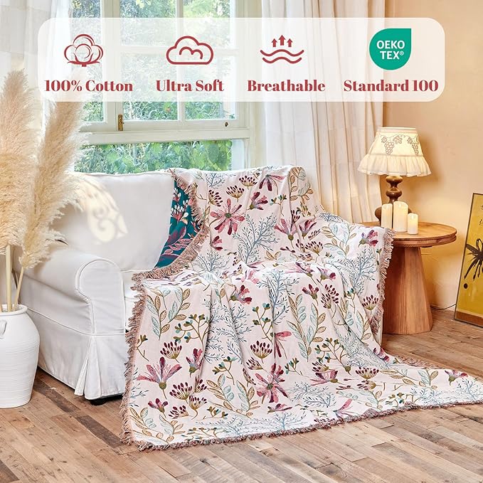MSGKV Boho Throw Blanket for Bed 60"x80" Floral 100% Cotton Couch Blanket Spring Breathable Lightweight Farmhouse Flower Twin Size Blankets for Sofa Home Decor Muslin All Seasons