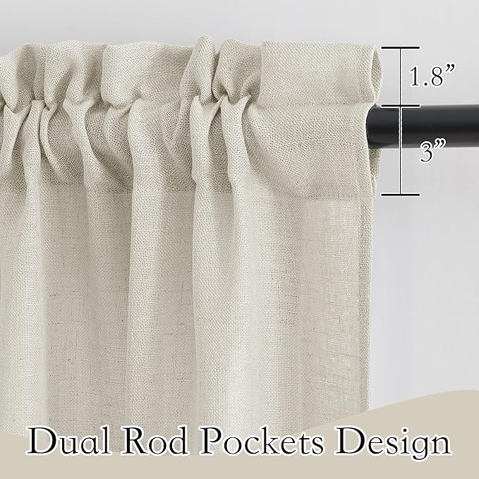 RYB HOME Sheer Valances Window Topper Curtains Linen Textured Sheer Curtains Short Drapes Small Window Decor for Bedroom Kitchen Cabinet, Angora, 52 inch Width x 18 inch Length, 2 Panels