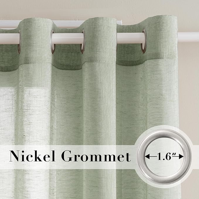 H.VERSAILTEX Linen Curtains Natural Linen Blended Curtain Panels for Living Room/Light Reducing Linen Semi Sheer Curtains 96 inch Length 2 Panels Set Nickel Grommet Window Panels, Sage