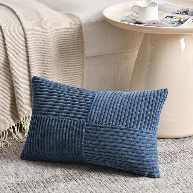 Fancy Homi 2 Packs Dusty Blue Lumbar Decorative Throw Pillow Covers 16x26 Inch for Living Room Couch Bed Sofa, Rustic Farmhouse Boho Home Decor, Soft Striped Corduroy Rectangle Accent Cushion Case