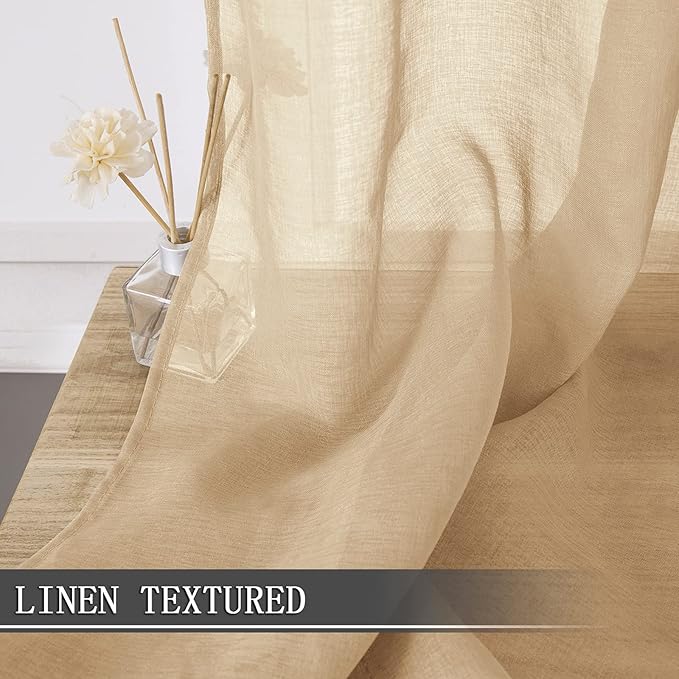 Tollpiz Short Sheer Curtain Linen Textured Living Room Curtains Sheer Light Filtering Rod Pocket Voile Curtain for Bedroom, 42 x 54 inches Long, Beige, Set of 2 Panels