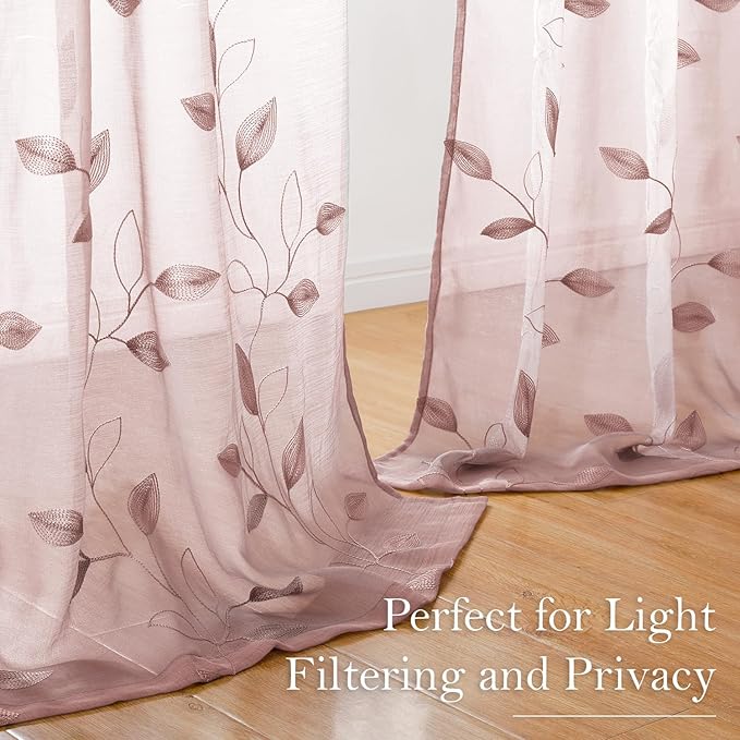HOMEIDEAS Blush Pink Floral Sheer Curtains 96 Inches Long 2 Panels Embroidered Pattern Semi Sheer Window Drapes for Bedroom Living Room