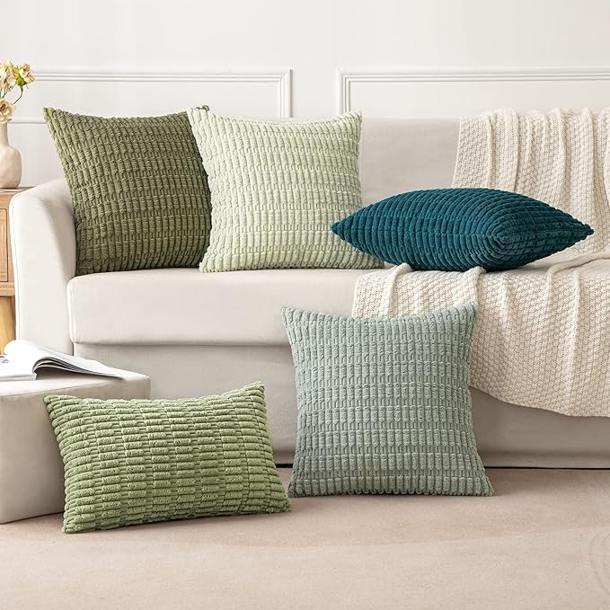 MIULEE Pack of 2 Spring Corduroy Decorative Throw Pillow Covers 16x16 Inch Soft Boho Striped Pillow Covers Modern Farmhouse Home Decor for Summer Sofa Living Room Couch Bed Greyish Green