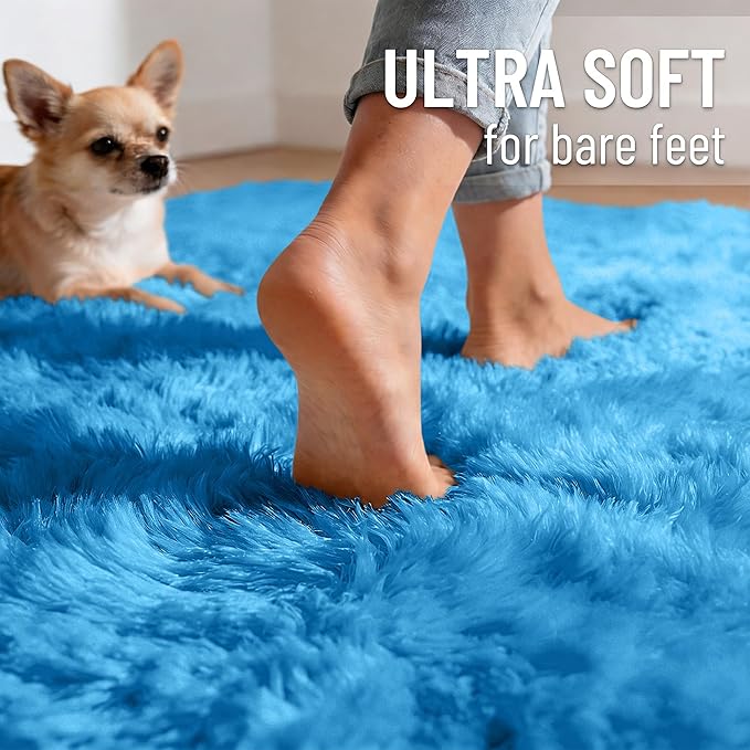 OLANLY 2x6 Machine Washable Runner Rugs for Hallway, Soft Fluffy Shaggy Bedside Rugs for Bedroom, Living Room, Indoor Floor Carpet for Kids Girls and Boys, Home Decor Aesthetic, Bright Blue