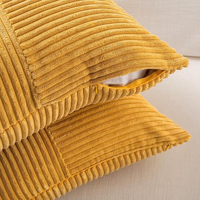 Fancy Homi 2 Packs Gold Yellow Lumbar Decorative Throw Pillow Covers 20x28 Inch for Couch Bed Sofa, Rustic Farmhouse Boho Spring Home Decor, Soft Striped Corduroy Rectangle Accent Cushion Case 50x70cm