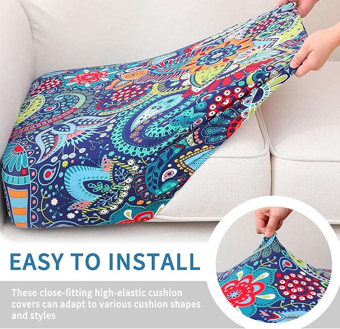 hyha Printed Couch Cushion Covers, Floral Sofa Covers Washable for 2 Cushion Couch, Stretch Pattern Outdoor Cushion Covers for Patio Furniture with Elastic Bottom(Medium, Paisley)