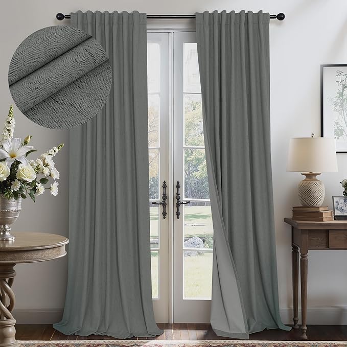 Thick Blackout Curtains for Living Room 2 Panels Set 90 Inches Long Faux Linen Grey Room Darkening Curtains for Bedroom Heavy Deadening Soundproof Drape for Window Doorway 90 Length Charcoal Dark Gray