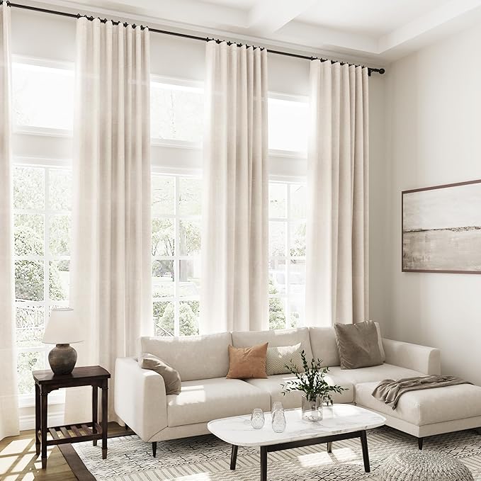 Linen Beige Curtains 145 inch Extra Long for Living Room Back Tab Light Filtering Semi Sheer Drapes Modern Farmhouse Coastal Decor Cotton Textured Curtain for Floor to Ceiling High Window 52x145