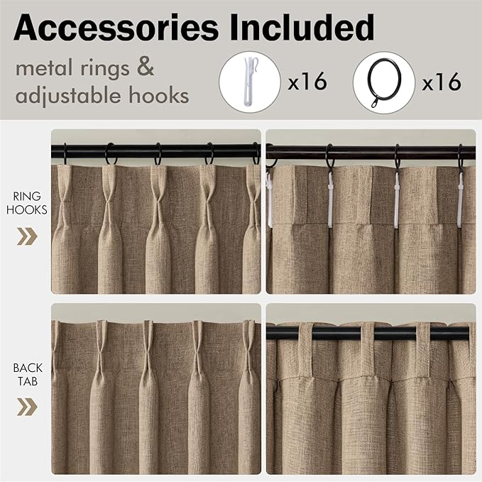 MIULEE Pinch Pleated Thick Linen Curtains 96 Inches Long 2 Panels for Living Room Bedroom, Linen Memory Trained Drapes Back Tab Light Filtering Country Farmhouse Burlap Brown Curtains with Hooks