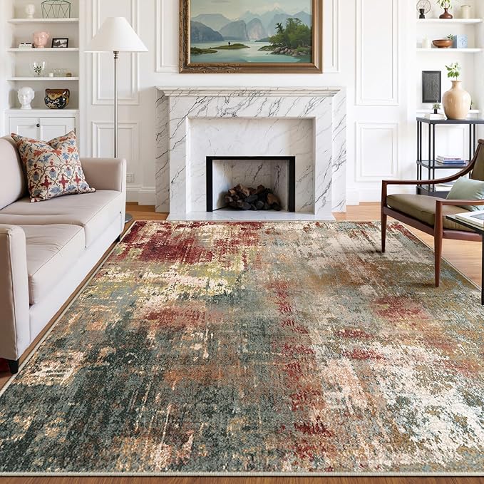 Washable Area Rugs 8'x10' Non-Slip Modern Abstract Soft for Living Room Entryway Bedroom Nursery, Print Pattern, Brown Rust Red Green Blue Multi