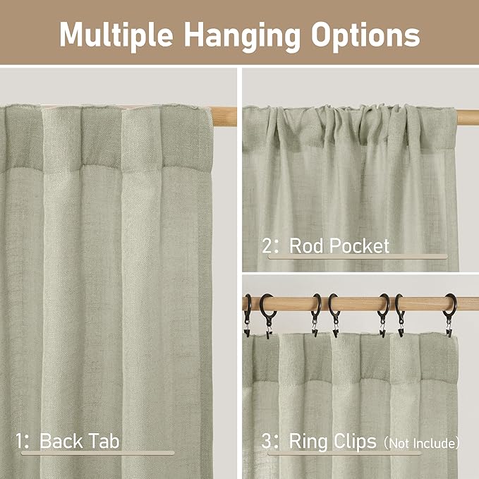 LAMIT Linen Curtains 63 Inch Length 2 Panels, Light Filtering Panels Back Tab and Rod Pocket Neutral Drapes for Bedroom/Window/Living Room, Sage Grey, 34 x 63 Inch