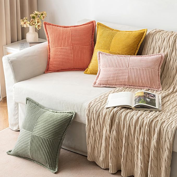 MIULEE Decorative Throw Pillow Covers for Couch Bed Livingroom 20x20 Inch Set of 2 Light Olive Green Boho Accent Throw Pllows Broadside Striped Patchwork Soft Corduroy Summer Pillowcases