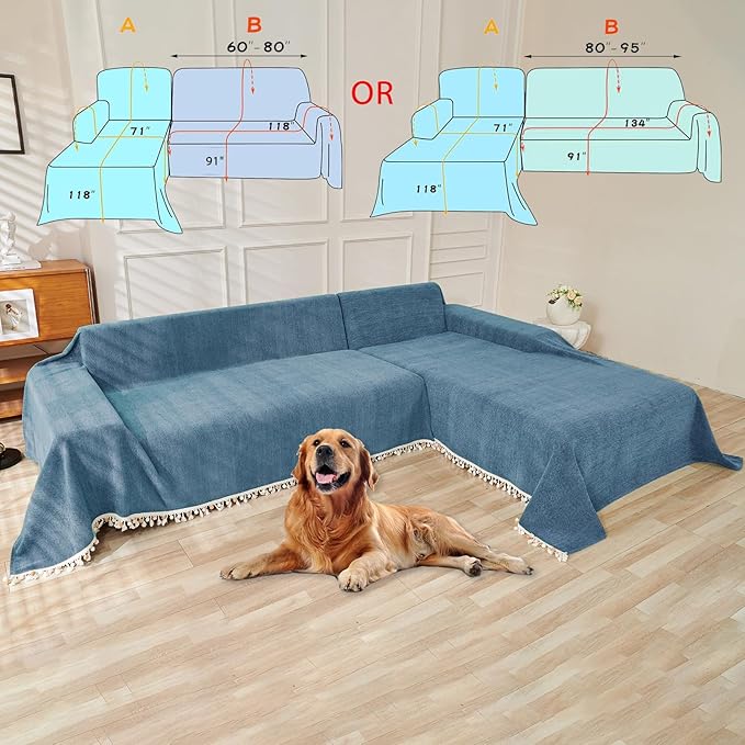 HANDONTIME Couch Slipcover Dog Sofa Covers Boho Couch Cover for Dogs Blue Sofa Throw Cover Bohemian Sofa Covers for 3 Cushion Couch Herringbone Sectional Couch Cover Slipcovers for Sofas, 71" X118"