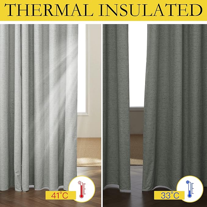 NICETOWN Grey Long Linen Full Shade Panels, 52" Wide x 90" Long, Pair of Thermal Insulated & Energy Efficiency Blackout Curtains for Bedroom Windows, Lined Silky Performance Window Dressing