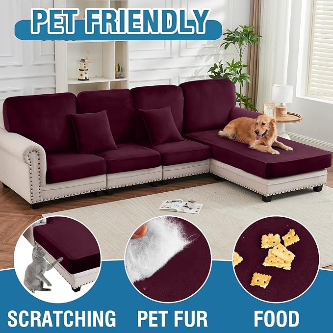Couch Cover 3-Piece Elastic Velvet Couch Cushion Covers & Chaise Slipcovers for L-Shaped Sofas, Sofa Seat Covers Washable, Soft Cover for Couches (2 Seater + Chaise, Wine)