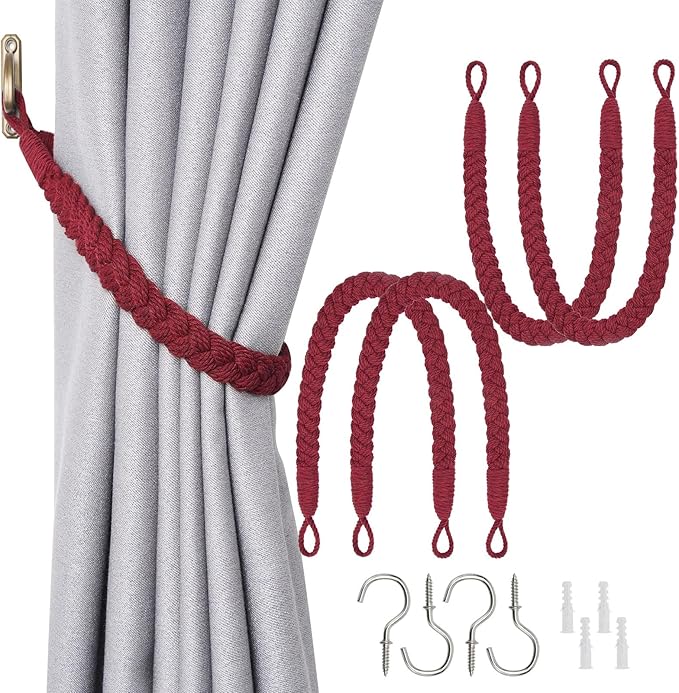 NICEEC 4 Pack Natural Cotton Rope Curtain Tiebacks Elegant Boho Style Decorative Drape Tie Backs Soft Hand-Woven Rope Curtain Holdbacks with Metal Hook for Home & Office Drapery (Wine Red)