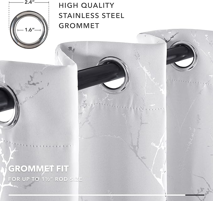 Deconovo Greyish White Curtains, Room Darkening Curtain, Thermal Insulated Soundproof Drapes, Silver Branch Print, 52 x 63 Inch Long, Grommet Window Panels for Living Room Bedroom Nursery, Set of 2