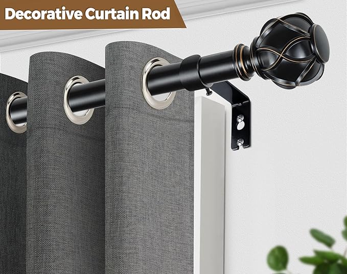 KAMANINA 2 Pack Curtain Rods for Windows 48 to 84 Inch, Black Heavy Duty Curtain Rod Adjustable, 7/8 Inch Single Decorative Drapery Rods 32 to 86 Inch(2.6-7.1Ft), Netted Texture Finials