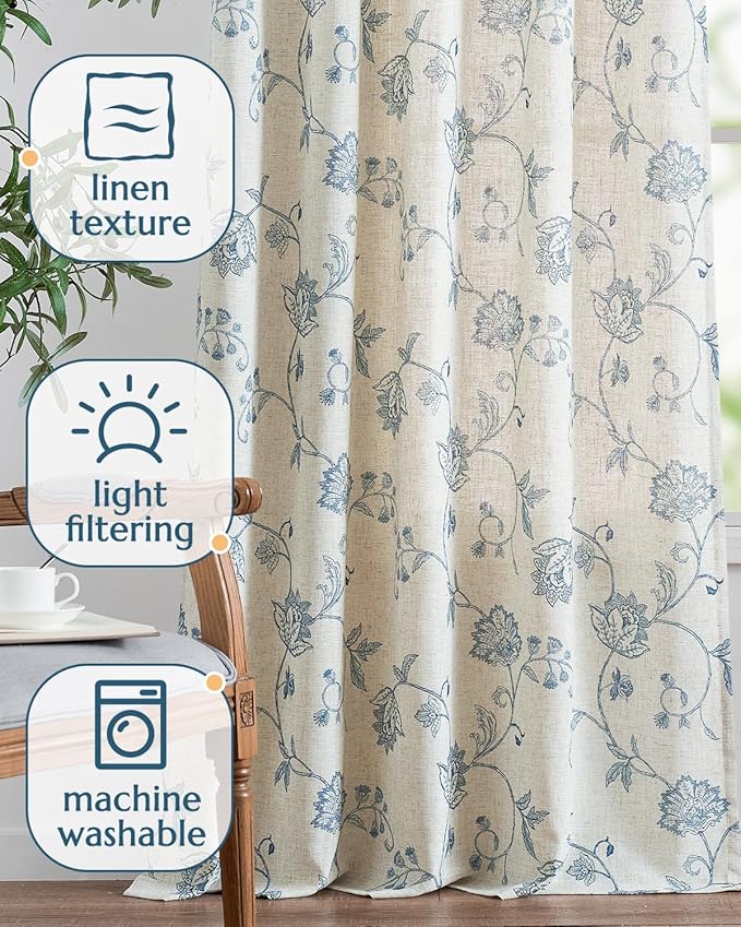 jinchan Linen Curtains Floral Curtains 96 Inch Length for Living Room Bedroom Light Filtering Rod Pocket Back Tab Jacobean Curtains Flax Linen Texture Window Drapes Set 2 Panels Blue on Linen