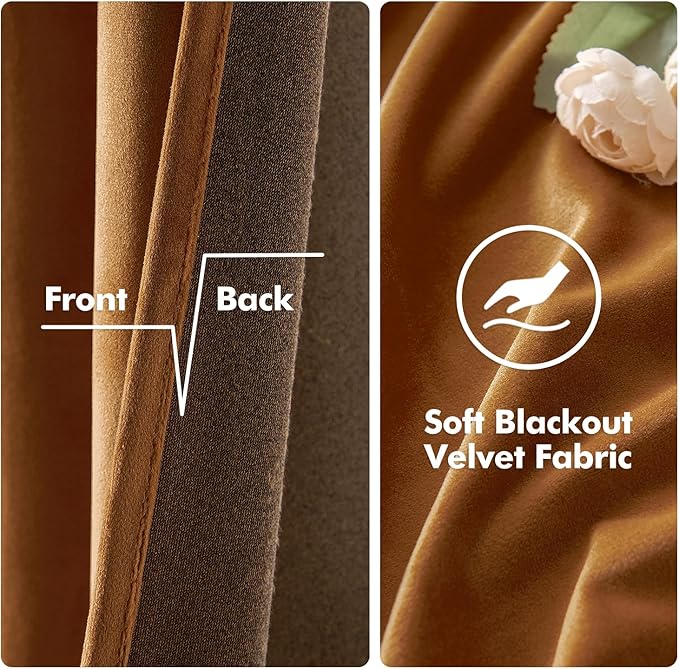 MIULEE Velvet Curtains Gold Brown Elegant Long Grommet Curtains Black Out Thermal Insulated Soundproof Room Darkening Drapes for Fall Living Room Bedroom 52 x 96 Inch Length Set of 2, Pumpkin Brown
