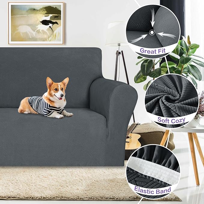 ZNSAYOTX Super Stretch Loveseat Covers (57"-70"), New Striped Love Seat Slipcover, Dogs Pet Friendly Anti-Slip Couch Protector Spandex Durable 2 Seater Fabric Sofa Cover (Dark Grey, Loveseat)