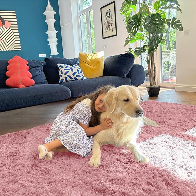 OLANLY 8x10 Machine Washable Large Area Rugs for Living Room, Bedroom, Soft Fluffy Shaggy Bedside Rug, Indoor Floor Carpet for Kids Girls and Boys, Dorms, Nursery, Home Decor Aesthetic, Pale Pink
