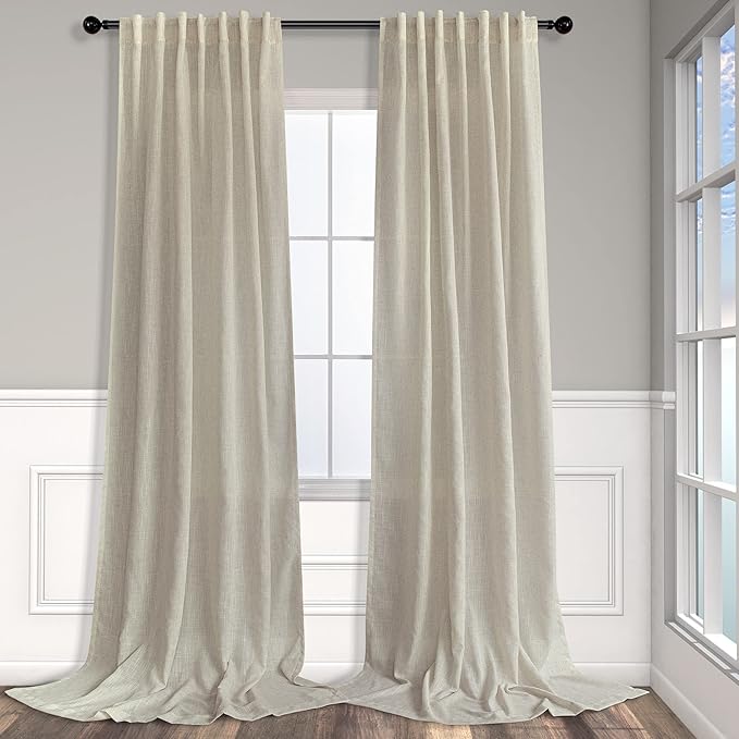 Pitalk Linen Sheer Drape 104 Inch Curtains for Living Room Custom Curtains 2 Panels Back Tab Pleated Modern Farmhouse Light Filtering Ceiling to Floor for Large Window 52 x 104 Long Curtains Beige