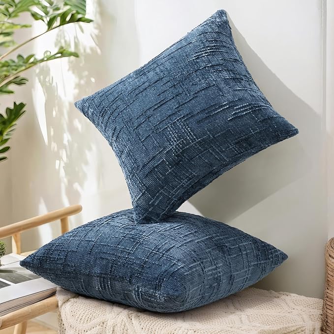 decorUhome Navy Blue Chenille Throw Pillow Covers 16x16 Set of 2 Textured Soft Cozy Slubby Couch Pillow Covers Modern Farmhouse Boho Decorative Pillow Cases for Bed Sofa Living Room