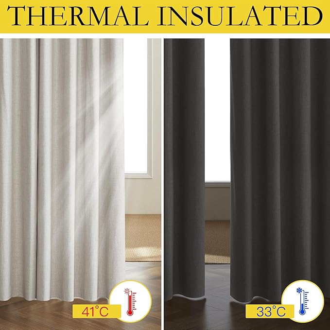 NICETOWN Snowbound Vintage Linen 100% Blackout Curtains for Living Room, Thermal Insulated Curtains 84“ Long, Noise Reducing Window Treatment Drapes for Hall Room, 52" Wide Per Panel, Set of 2