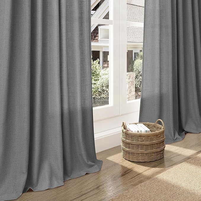 Nanspring Dark Grey Semi Sheer Curtains 72 Inches Long 2 Panels Set for Bedroom Privacy Back Tab Rod Pocket Light Filtering Drapes Cotton Linen Textured Farmhouse Living Room Curtain 52X72 Inches