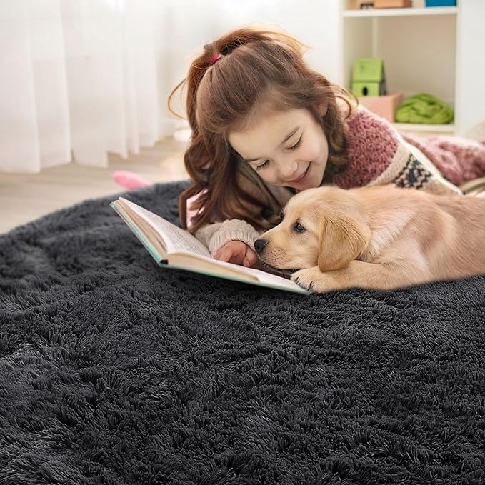 OLANLY Black Round Rugs for Bedroom - Machine Washable, 2 ft Circle Area Rugs for Living Room, Soft and Fluffy Shaggy Carpet for Teen Girls and Boys, Nursery Rooms, Dorms, Home Decor Aesthetic