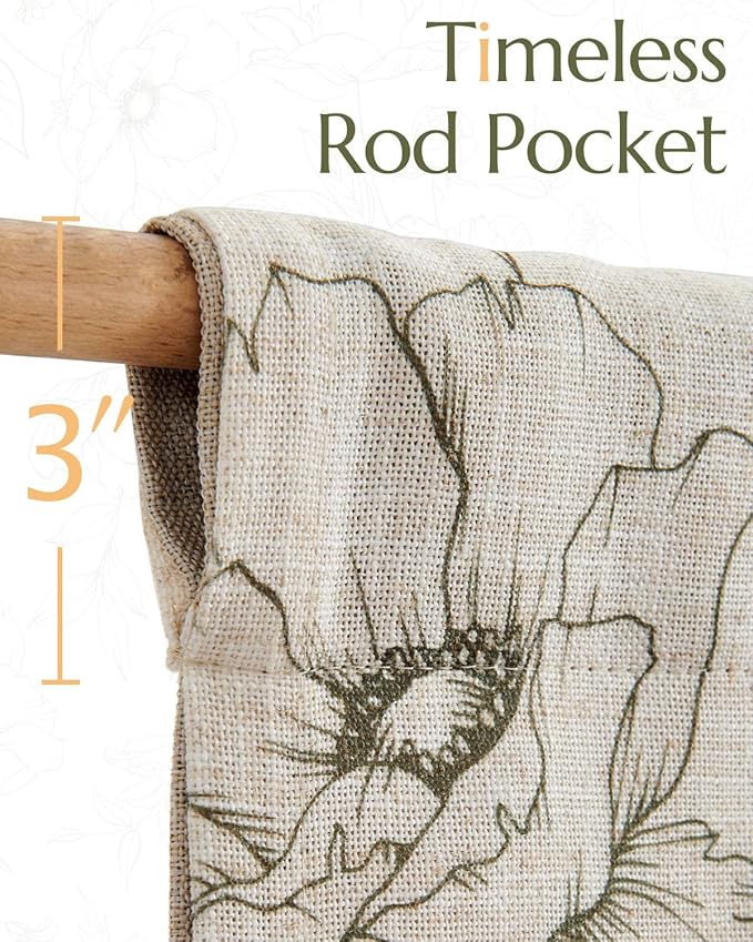 jinchan Linen Floral Valance Curtain for Kitchen Green Flower on Beige for Windows Room Darkening Farmhouse Valance Double Layer Window Treatment Decoration 1 Panel Rod Pocket 16 Inch
