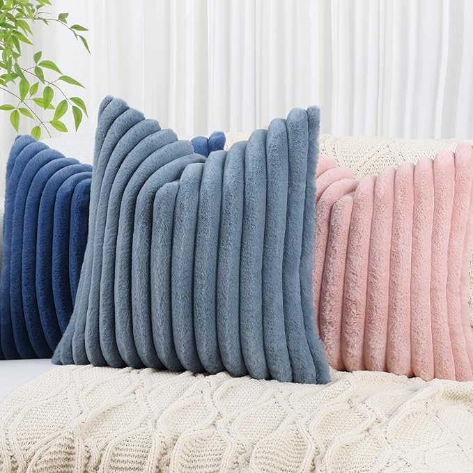 decorUhome Cozy Faux Fur Throw Pillow Covers 24x24 Set of 2 Decorative Soft Plush Striped Modern Farmhouse Boho Couch Euro Sham Pillow Cases with Velvet Back for Sofa Bed Living Room, Grey Blue