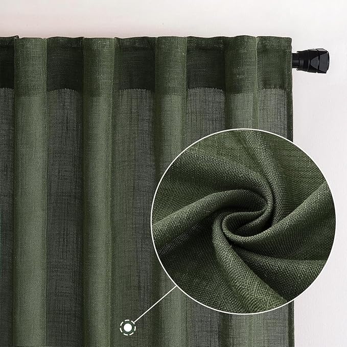 MIULEE Olive Green Linen Curtains 90 Inch Length 2 Panels for Bedroom Living Room, Soft Thick Linen Textured Window Drapes Semi Sheer Light Filtering Back Tab Rod Pocket Burlap Look Decor, W37xL90