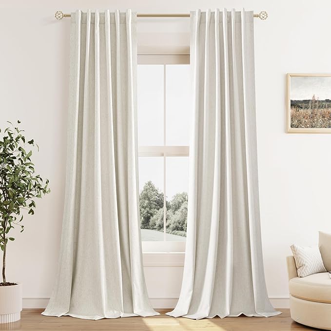 Guken Cream 100% Blackout Linen Curtains 38 Inch Wide by 90 Inch for Living Room Bedroom Back Tab Thermal Insulated Black Out Drapes Room Darkening Window Curtains